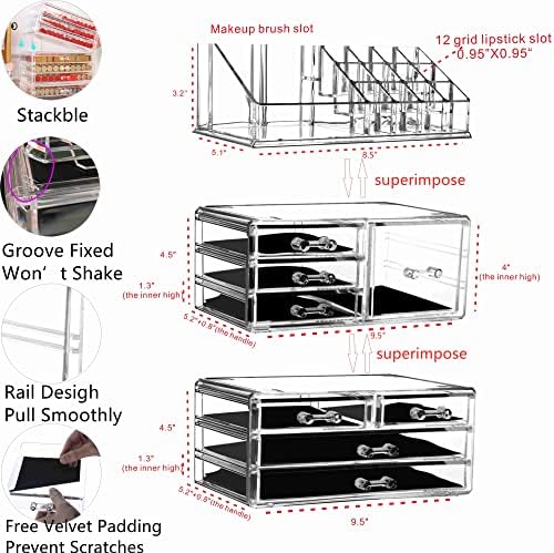 Cq acrylic 3 Pack Clear Makeup Organizer for Vanity,Countertop,Stackable 8 Drawers Cosmetic Storage for Hair Clip,Jewelry,Lipstick,Makeup Brush,Beauty Product Desk and Bathroom Skincare Organizers