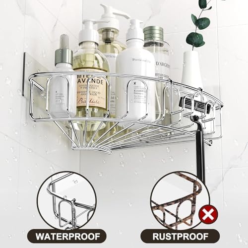 Orimade Corner Shower Caddy Stainless Steel with Hooks Wall Mounted Bathroom Shelf Storage Organizer Adhesive No Drilling 3 Pack, Silver Only for 90-Degree Corner