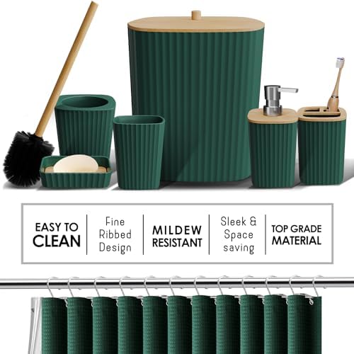 Clara Clark Bathroom Accessories Set - 27PC Bathroom Set with Adhesive Corner Shower Caddy Hanging, Bathroom Sets with Shower Curtain and Rugs, Ombre Green Shower Curtain Set with Bathroom Trash Can