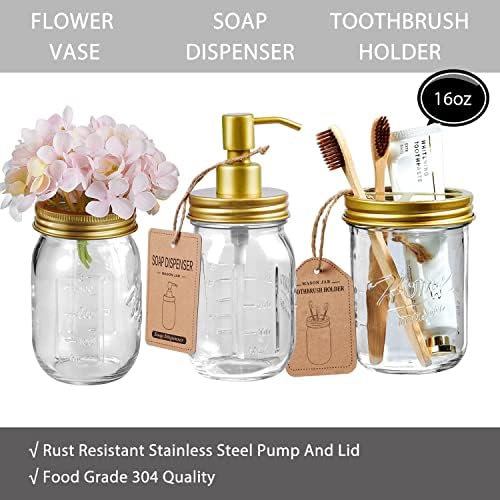 SheeChung 8PCS Mason Jar Bathroom Accessories Set Complete - Gold
