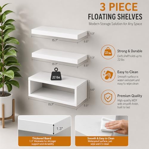 RANK Bathroom Shelves Over Toilet - Wall Mounted Floating Shelves Toilet Paper Storage Small White Decor Shelf 16 inch Set of 3