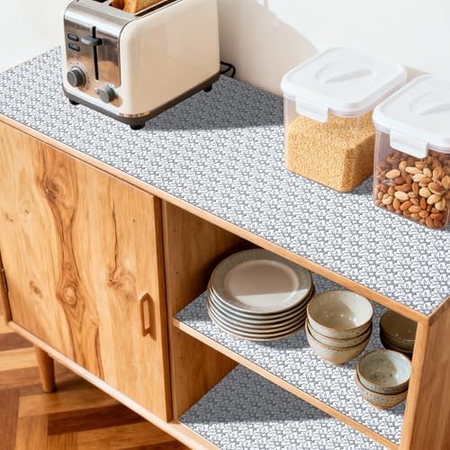 FIFTY FEET 12"x120" Non-Adhesive Shelf Liner for Kitchen Cabinets and Drawers, Washable Non-Slip PVC Cabinet Liner (Black Floral)(7 Roll)