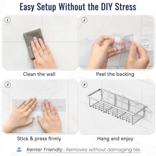 8 Pack Adhesive Large Capacity No-Drilling Shower Caddy, Silver