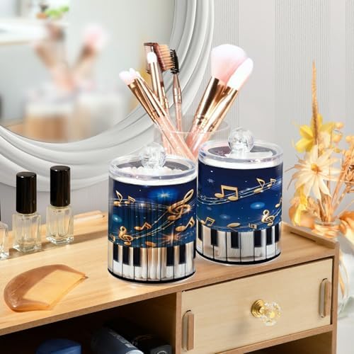 ALAZA Piano Key Music Note Blue 2 Pack Qtip Holder Dispenser for Cotton Swabs, Balls, Pads, Floss 10 oz Plastic Canister Organizer