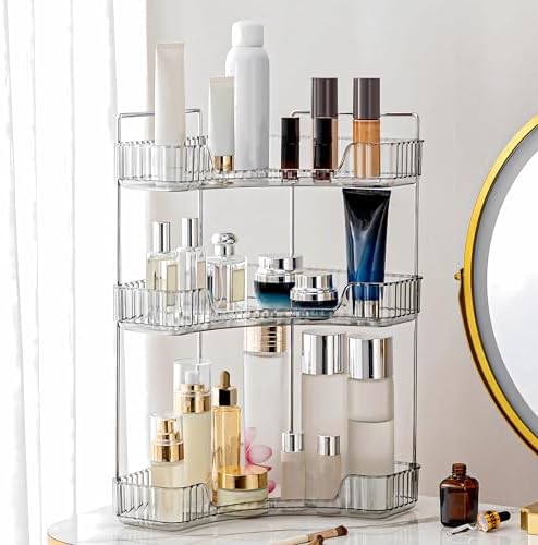 3 Tier Corner Bathroom Counter Organizer Countertop Shelf Makeup Organizer for Vanity Perfume Tray for Corner Storage (Grey)