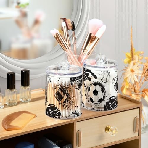 Football Soccer Themed Qtip Holder 2 Pack - 10 Oz Clear Plastic Apothecary Jar Set for Bathroom Organization - Versatile Canister Storage for Cotton Balls, Swabs, Rounds