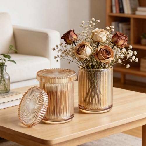 2‑Pack Amber Ribbed Glass Qtip Holder, Vanity & Bathroom Makeup Storage