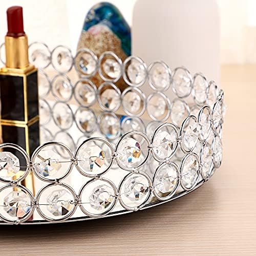 Hipiwe Crystal Vanity Tray Mirrored Dresser Perfume Trays for Makeup Tray Cosmetic Skin Care Storage, Jewelry Trinket Organizer Tray for Bathroom Countertop Home Decor (Medium, Silver)