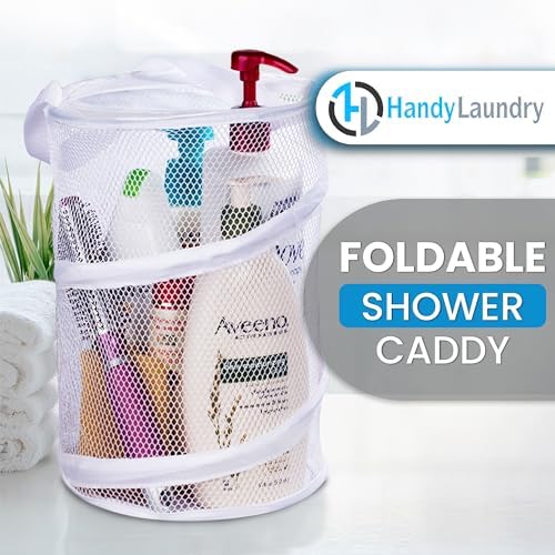 Handy Laundry Portable Shower Caddy – Foldable Mesh Organizer with Handle, Quick Dry, Large Compartments, Drainage Hole, Ideal for Dorm, College, Gym, Travel, Camp – White