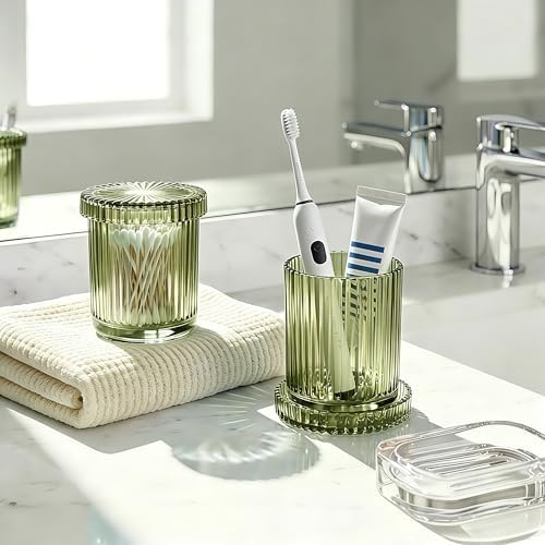 2 Pack Glass Qtip Holder Dispenser Set - Bathroom Organizer for Cotton Swabs, Balls, Pads, Floss Picks - Clear Apothecary Jars for Vanity, Makeup Storage, Bathroom Accessories Decor (Olive Green)
