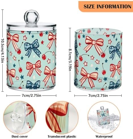 Gredecor 2 Pack Qtip Holder Clear Patriotic Red Blue Bows Cherry Star Apothecary Jars with Lids Acrylic Bathroom Jars Vanity Countertop Canister Storage Organizer for Cotton Ball,Swabs,Pads,Floss