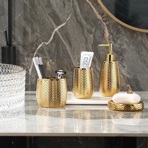 Bathroom Accessories Set 4 Pcs, Gold Ceramic Bathroom Accessories Complete with Soap Dispenser, Toothbrush Holder, Bathroom Tumbler, and Soap Dish - Modern Bathroom Decor