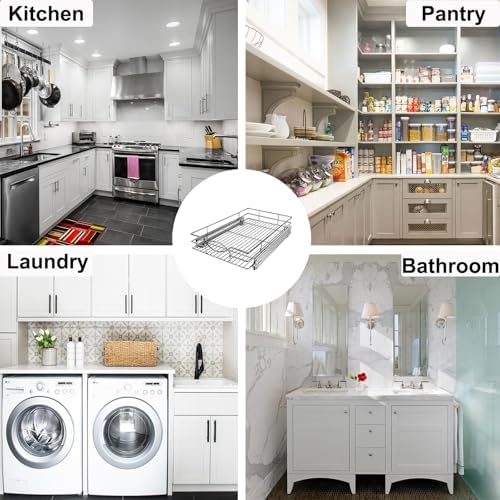Sikarou Pull Out Cabinet Organizer, Heavy Duty Kitchen Cabinet Pull Out Shelves, Slide Out Wire Basket for Kitchen Cabinets, Bathroom, Pantry, Chrome Finish (11 * 17 in)