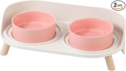 Raised Cat Food and Water Bowl Set - Elevated Ceramic Dishes with Non-Slip Stand and Splash Guard for Small Dogs - 2 x 320 ML (4.9 OZ) - Pink