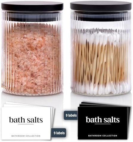 Mason & Fable Ribbed Glass Bathroom Jars with Black Bamboo Lids | Cotton Pad / Swab / Q tip | Bath Salt / Clear Vanity Apothecary Storage Canister Organizer-10fl.oz, Set of 2