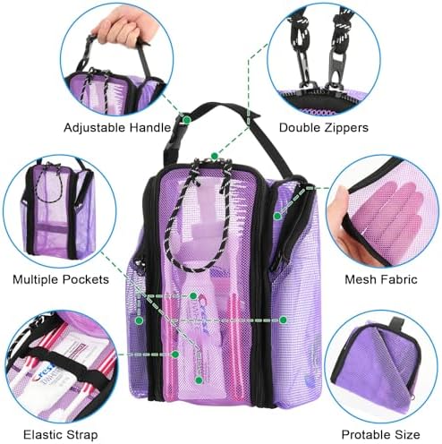 Cosmos Mesh Shower Caddy Toiletry Organizer Hanging Shower Tote Bag, Quick Dry Shower Organizer Portable Bath Bag with Durable Zippers & Side Pockets for Travel Gym Swimming Beach & Camp (Purple)