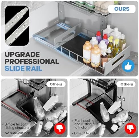 Under Sink Organizer Upgrade To Professional Rails,2-Tier Dual Pull Out Cabinet Storage,Height Adjustable Slide Out Drawers For Bathroom Kitchen,2 Pack-14.5"Dx12.8"-16.9"H,Gun Gray