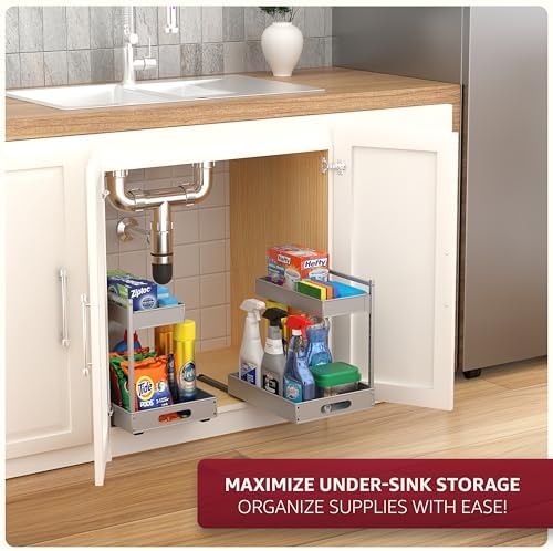 Sorbus Under Sink Organizer with Sliding Tracks – Pull Out Cabinet Organizer with Drawer & Installation Rails – Under Cabinet Bathroom Storage Organizer for Kitchen, Pantry, or Vanity –Silver 1 Pack