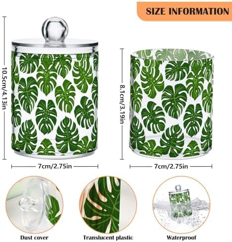 ALAZA 2 Pack Qtip Holder Monstera Leaf Seamless Pattern, Cotton Swab Dispenser with Lid Bathroom Containers Canister Organizer Storage Jar