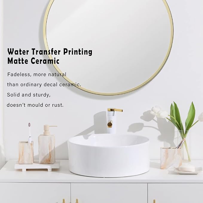 RQYIXI Ceramic 4-Piece Bathroom Accessories Set, Beige, Marble Design | marble look ceramic square design unique veining pattern modern countertop organization