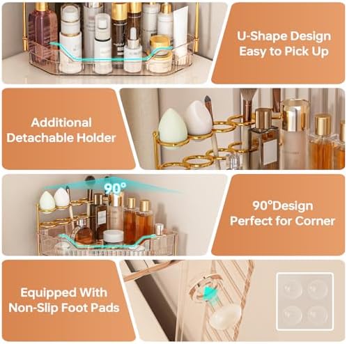 Corner Bathroom Counter Organizer with Makeup Brush Holder & Toothbrush Holders, Makeup Organizer for Vanity Countertop, Acrylic Skincare Storage Shelf (Amber, 3-Tier)