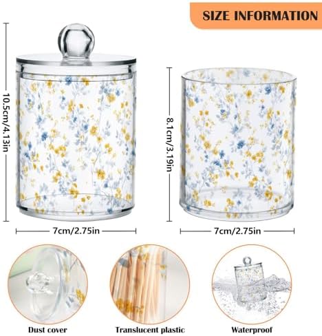 Blue and Yellow Floral Qtip Holder Apothecary Jars Bathroom Storage Floss Makeup Organizer for Cotton Ball Swab Acrylic 2 Packs