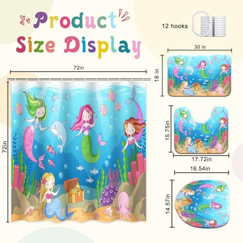 4 Pcs Mermaid Bathroom Set Sea Ocean Shower Curtain Sets with Non-Slip Rugs Toilet Lid Cover and Bath Mat Set, Kids Girl Bathroom Decor with 12 Hooks