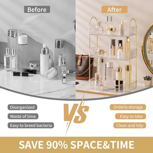 YCIA&DONE Bathroom Organizer Countertop, Makeup Storage, Skincare Cosmetic Tray Shelf, Perfume Holder Rack for Vanity Counter, Large Capacity, Easy to Install, Clean, 3 Tiers, Clear White