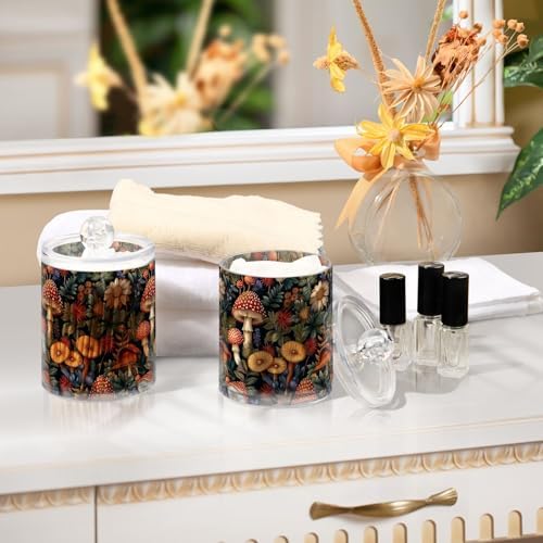 Retro Mushrooms and Flowers Qtip Holder Dispenser Set of 2, Clear Apothecary Plastic Jars Bathroom Counter Organizer for Cotton Ball, Swab, Floss, Makeup Sponges, Hair Clip 10 Oz