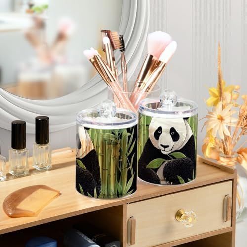 2 Pack Apothecary Jars Bathroom Panda Bear Black Qtip Holder Dispenser Clear Plastic Storage Canister Jar with Lid for Cotton Ball, Cotton Swab