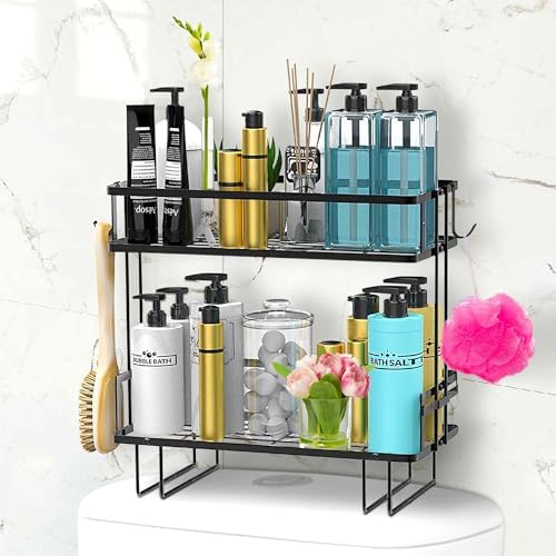 DINEST 2 Tier Over the Toilet Storage Shelf Rack Organizer, Sturdy Bathroom Organizer Shelves, Space Saver Multifunctional Wall Mounted Design, No Drilling Anti-Rust Bathroom - Black