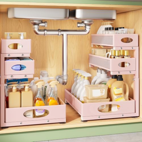 Kitstorack Under Sink Organizer 3-Tier Slide Out Drawer 2-Pack Pink