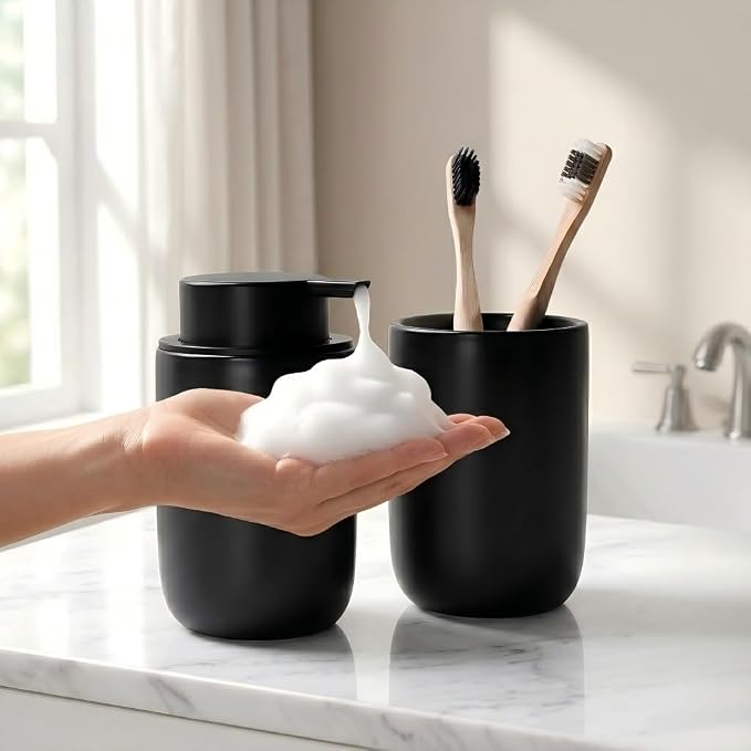 Bosilunlife Soap Dispenser and Toothbrush Holder Set - 11Oz Foam Soap Dispenser Pump Ceramic Bathroom Counter Soap Toothbrush Holder Set Black Bathroom Accessories Set