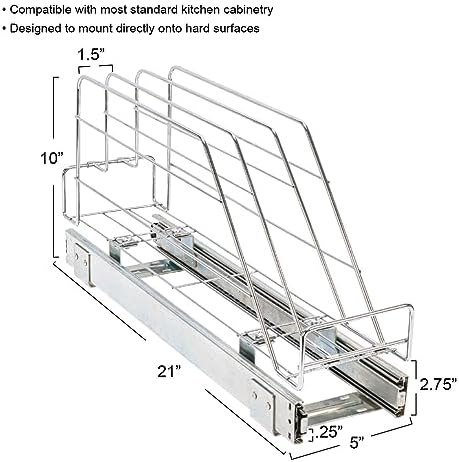 Household Essentials Glidez Multipurpose Chrome-Plated Steel Pull-Out/Slide-Out Storage Organizer for Cookware and Bakeware - Fits Standard Size Cabinet or Shelf, Chrome