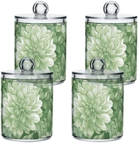 Fustylead 4 Pack Sage Green and White Dahlia Qtip Holder Dispensers, Plastic Apothecary Jar Bathroom Accessories Set for Cotton Ball, Swab, Round Pads, Floss