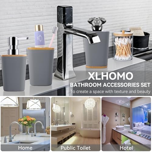 Grey Bathroom Accessories Set with Trash Can 9 Piece Grey Bathroom Decor Toothbrush Holder,Toothbrush Cup,Lotion Soap Dispenser,Vanity Tray,Soap Dish,Toilet Brush,Qtip Holder