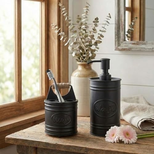 Autumn Alley Rustic Bathroom Accessories Set - Farmhouse Soap Dispenser and Toothbrush Holder Set - Western Bathroom Accessories, Farmhouse Decor for Bathroom Countertop, Galvanized Black