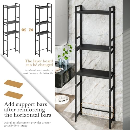 Above Toilet Storage Rack, 3-Tier Over The Toilet Shelf Organizer with Adjustable Height, Freestanding Bathroom Space Saver for Towels & Essentials (Black-2)