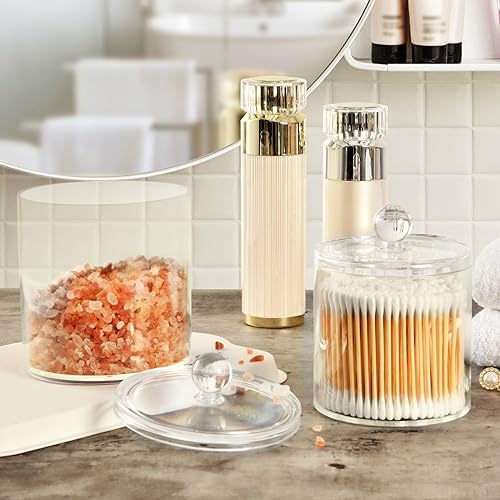 Gredecor Ivory Apothecary Jars with Lids for Bathroom & Kitchen Organization Containers Acrylic Plastic Organizers Great for Q-Tip Cotton Swabs, Jewelry, Food & Candy Storage, Set of 2 Sizes