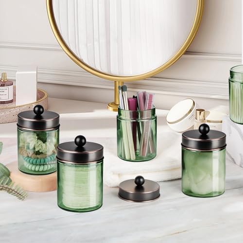 Amolliar Green Glass Qtip Holder Apothecary Jar, Bathroom Decor, ORB 1 Pack