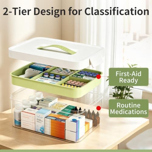 Clear Medicine Organizer Storage Box with Removable Tray, Green