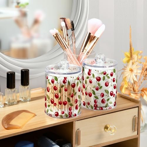 ALAZA 2 Pack Qtip Holder Red Cherry Print, Cotton Swab Dispenser with Lid Bathroom Containers Canister Organizer Storage Jar