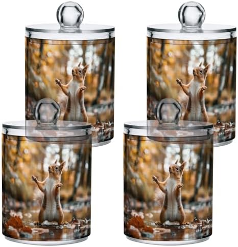 Dancing Squirrel Pattern Qtip Holder 2 Pack - 10 Oz Clear Plastic Apothecary Jar Set for Bathroom Organization - Versatile Canister Storage for Cotton Balls, Swabs, Rounds
