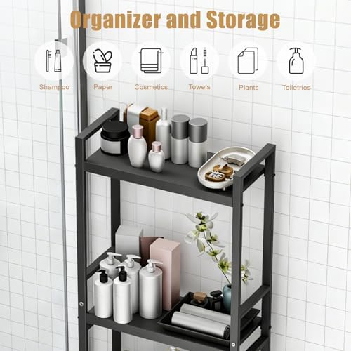 3-Tier Over Toilet Storage Rack, Freestanding Above Toilet Shelf Bathroom Organizer Shelf Over Toilet Adjustable Wooden Shelves Space Saver for Rooms Bathroom Cabinet for Laundry (Black)