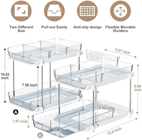 Delamu 2-Tier Multi-Purpose Bathroom Under Sink Organizers and Storage, Stackable Kitchen Pantry Organization, Pull Out Medicine Cabinet Organizer with Movable Dividers, Blue, 2 Pack