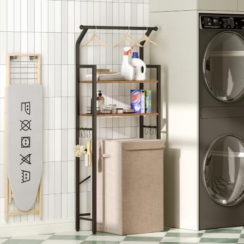 YATINEY 2-Tier Over The Toilet Storage, Multifunctional Vertical Over Toilet Bathroom Organizer, Freestanding Bathroom Storage Shelves with Hooks, Bathroom Organizer, Rustic Brown and Black TR01BR
