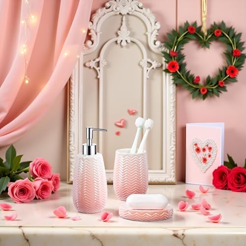 Bathroom Accessories Set, 3 Pcs Pink Ceramic Bathroom Accessories Sets Complete/Lotion Soap Dispenser, Toothbrush Holder, Soap Dish, Bathroom Decor, Gift for Home Apartment
