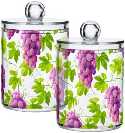 DOMIKING Watercolor Grape White 2 Pack Cotton Swab Holder Dispenser Plastic Jar Bathroom Storage Canister Acrylic Containers for Cotton Ball Floss Picks Hair Clips