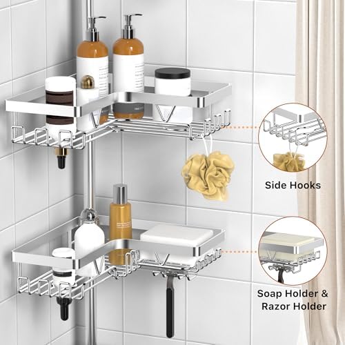 KEGII SUS304 Corner Shower Organizer, Tension Pole Bathtub Caddy, Silver