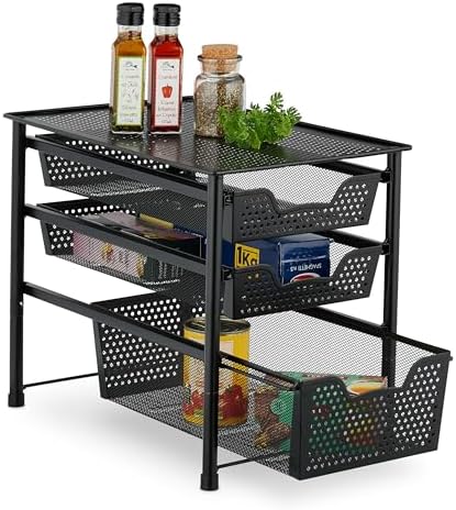 Relaxdays Drawer Shelf, Stackable Office Organiser, 3 Pull-Out Baskets, Metal, Kitchen, Bathroom, HBT: 35 x 28 x 42.5 cm, Black